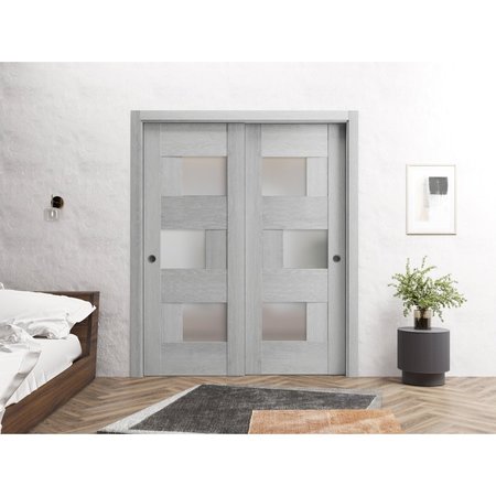 Sartodoors Sliding Closet Bypass Doors 56 x 96in, Sete 6933 Light Grey Oak W/ Frosted Glass, Sturdy Rails SETE6933DBD-OAK-5696